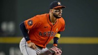 Houston Astros third baseman Carlos Correa (1) looks on during the game between the Texas Rangers and the Houston Astros at Globe Life Field.