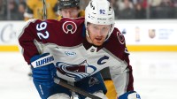 Colorado Avalanche left wing Gabriel Landeskog (92) skates against the Vegas Golden Knights during the first period at T-Mobile Arena.