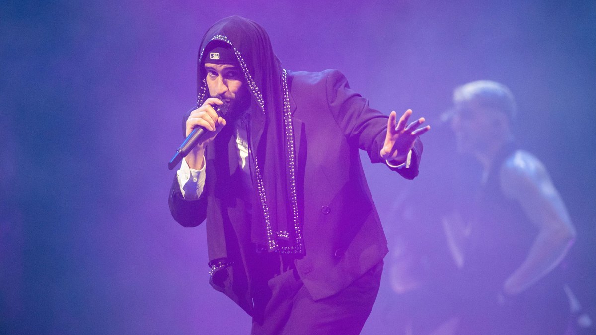 Super Bowl 60 Halftime Show performer Bad Bunny during a concert.