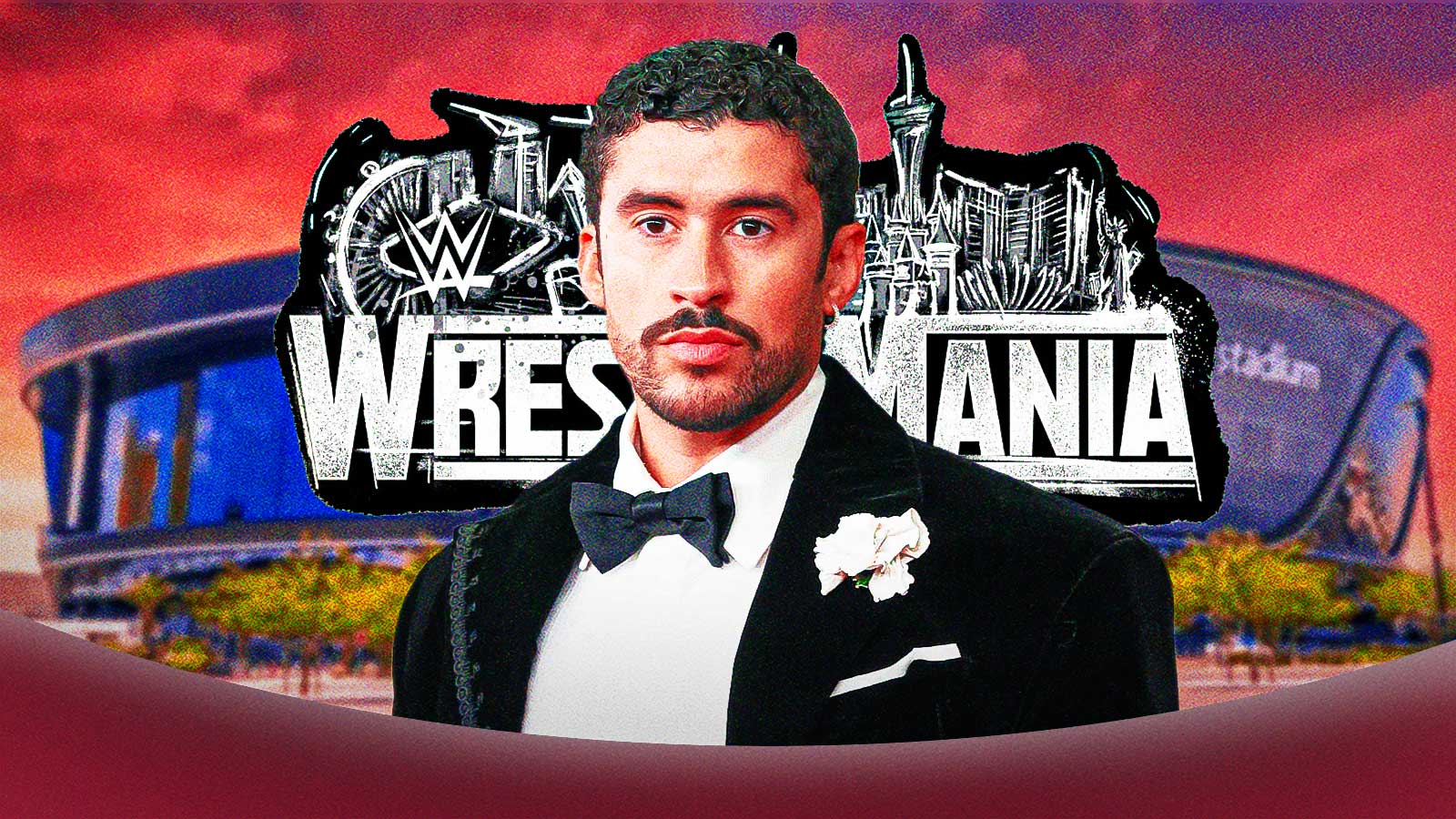 Super Bowl Halftime Show performer Bad Bunny with WWE WrestleMania 42 logo and Allegiant Stadium background.