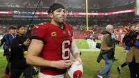 Tampa Bay Buccaneers quarterback Baker Mayfield (6) leaves the field after defeating the Carolina Panthers at Raymond James Stadium.