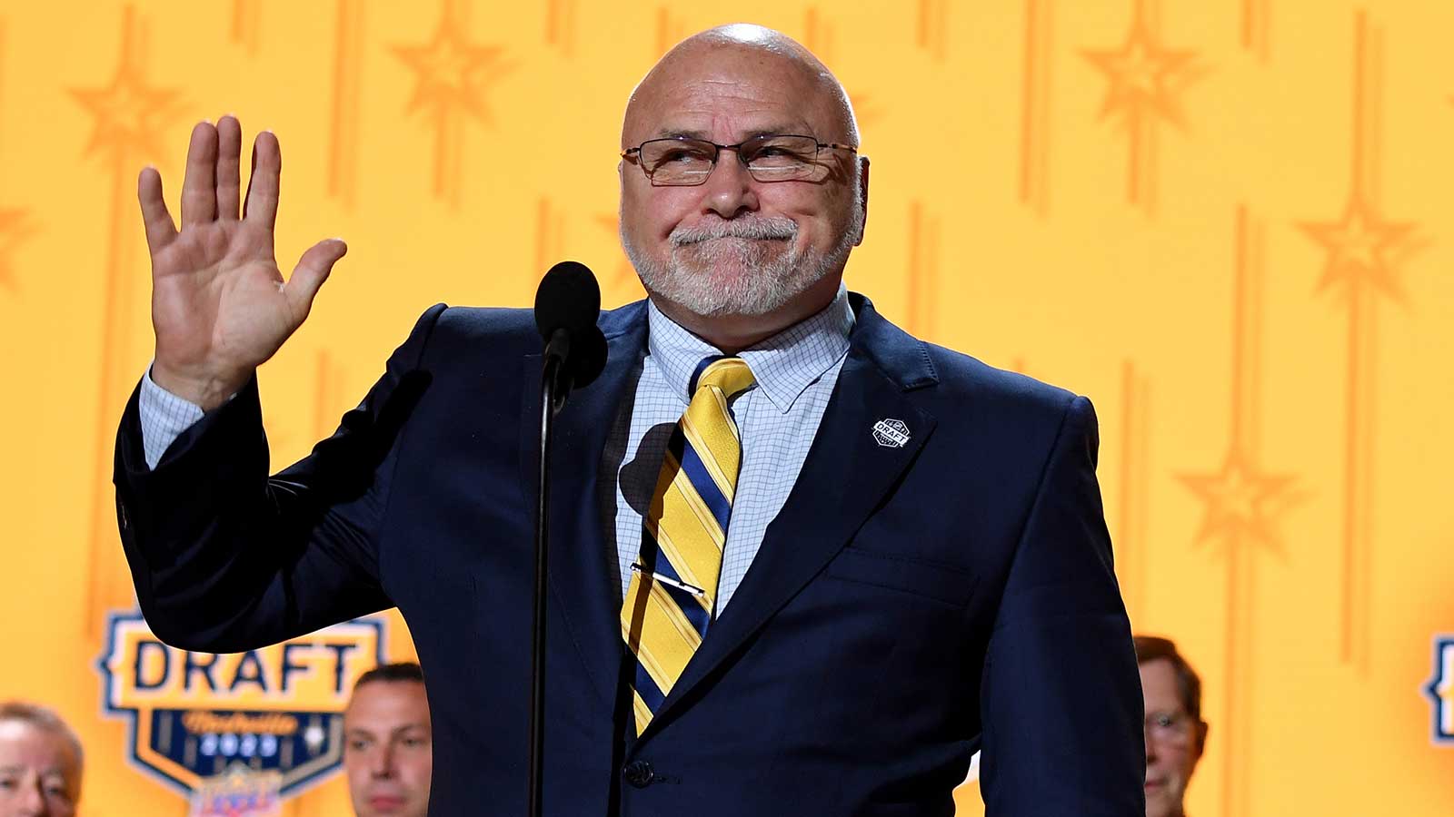 Nashville Predators incoming general manager Barry Trotz announces the twenty fourth pick in round one of the 2023 NHL Draft at Bridgestone Arena.