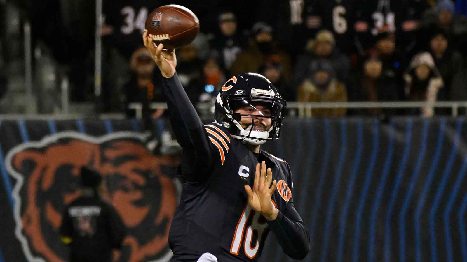 Chicago Bears quarterback Caleb Williams (18) passes the ball against the Detroit Lions during the second half at Soldier Field.
