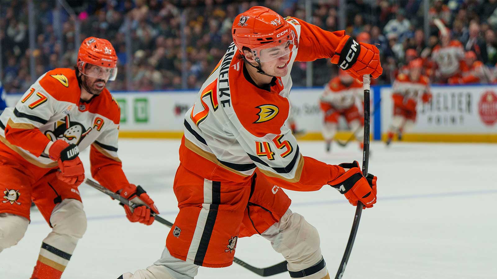 Anaheim Ducks Right Wing Beckett Sennecke (45) takes a shot against the Vancouver Canucks in the third period at Rogers Arena.