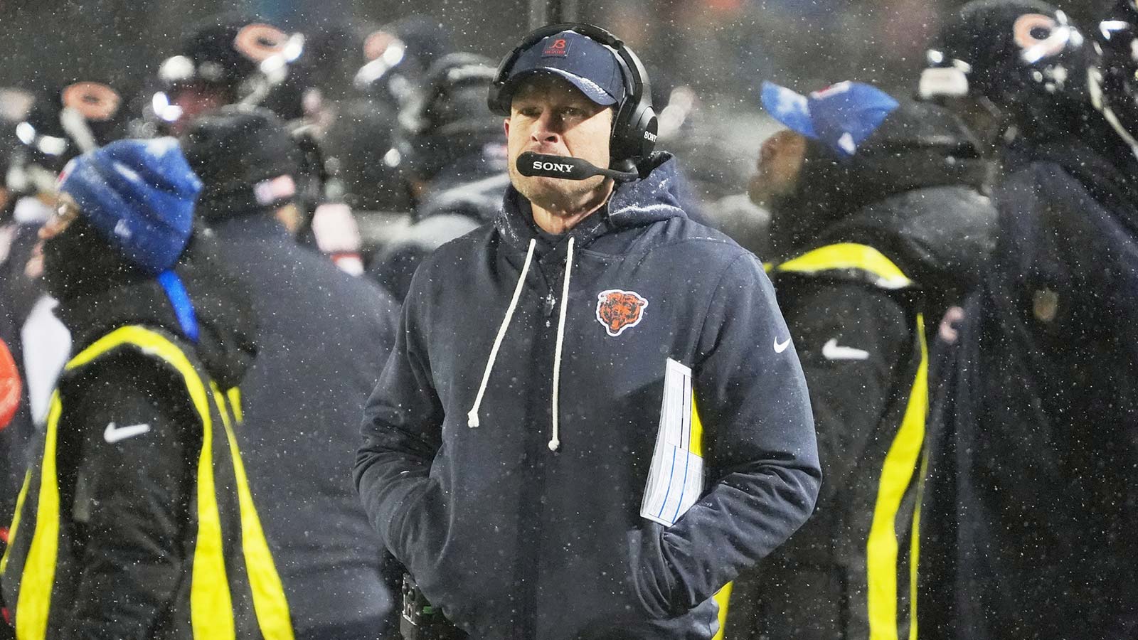 Chicago Bears head coach Ben Johnson watches game play against the Los Angeles Rams during the second quarter of an NFC Divisional Round game at Soldier Field. 