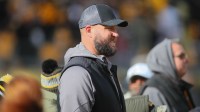 Former Pittsburgh Steelers quarterback Ben Roethlisberger watches the Steelers warm up from the sidelines prior to the start of the game against the New Orleans Saints at Acrisure Stadium in Pittsburgh, PA on November 13, 2022. Pittsburgh Steelers Vs New Orleans Saints Week 10