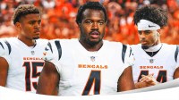 Keldric Faulk, Rueben Bain Jr, Mansoor Delane all beside each other in Cincinnati Bengals uniforms, NFL Draft wallpaper in the background