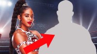 WWE Superstar Bianca Belair next to a silhouette of Montez Ford, who has gained weight recently.