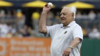 Pittsburgh Pirates former second baseman and Baseball Hall of Fame member Bill Mazeroski throws out a ceremonial first pitch before the Pirates host the New York Yankees at PNC Park.