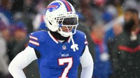 Buffalo Bills cornerback Taron Johnson (7) warms up before a game against the Cincinnati Bengals at Highmark Stadium.