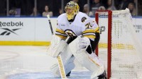 Boston Bruins goaltender Joonas Korpisalo (70) tends net against the New York Rangers during the second period at Madison Square Garden.