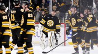 Boston Bruins goaltender Michael DiPietro (80) skates after a game against the Columbus Blue Jackets TD Garden