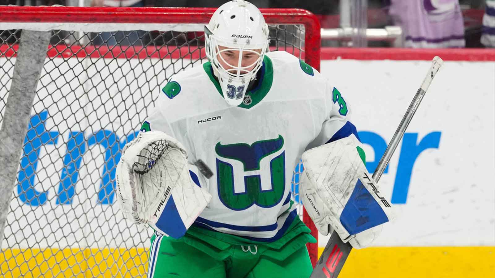 Carolina Hurricanes goaltender Brandon Bussi (32) watches the shot during the warmups before the game against the Utah Mammoth at Lenovo Center.