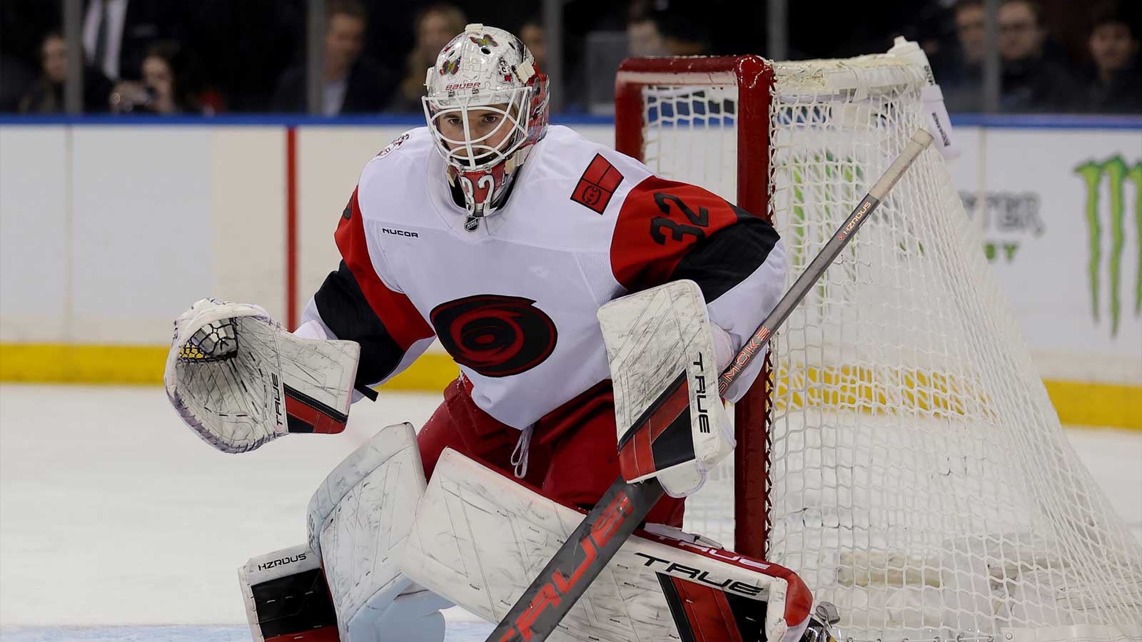 Carolina Hurricanes goaltender Brandon Bussi (32) tends net against the New York Rangers during the second period at Madison Square Garden