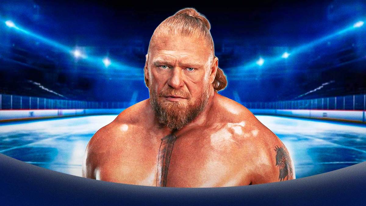 WWE Superstar Brock Lesnar with hockey rink background.
