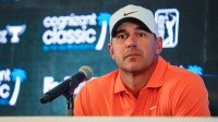 Brooks Koepka talks to reporters during his press conference before playing in the Pro-Am of the Cognizant Classic in the Palm Beaches at PGA National Resort & Spa on Wednesday, February 25, 2026, in Palm Beach Gardens, FL.