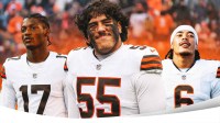Carnell Tate, Spencer Fano, Makai Lemon all beside each other in Cleveland Browns uniforms, NFL Draft wallpaper in the background