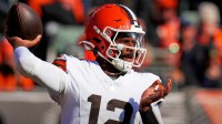 Cleveland Browns quarterback Shedeur Sanders (12) throws a pass in the first quarter of the NFL Week 18 game between the Cincinnati Bengals and the Cleveland Browns at Paycor Stadium in Downtown Cincinnati on Sunday, Jan. 4, 2026.