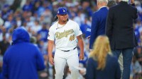 Los Angeles Dodgers pitcher Brusdar Graterol (48) during the ring ceremony prior to the game against Detroit Tigers at Dodger Stadium.