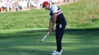 Team USA's Bryson DeChambeau reacts to a missed putt on the 17th hole during the singles on the final day of competition for the Ryder Cup at Bethpage Black.
