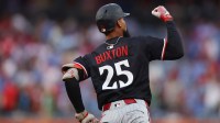 Minnesota Twins outfielder Byron Buxton (25) reacts to his home run during the first inning against the Philadelphia Phillies at Citizens Bank Park