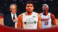 Giannis Antetokounmpo in the center of Miami Heat star Bam Adebayo and Pat Riley in front of Kaseya Center.