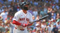Boston Red Sox right fielder Wilyer Abreu (52) hits a two run home run during the fourth inning against the Miami Marlins at Fenway Park.