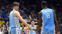 North Carolina Tar Heels center Henri Veesaar (13) and forward Caleb Wilson (8) slap hands during the second half against the California Golden Bears at Haas Pavilion.