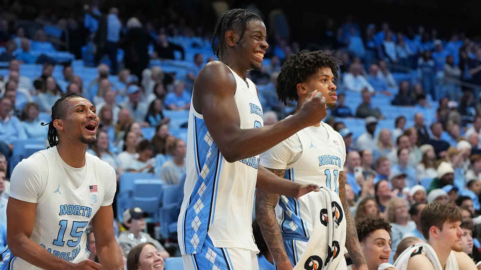 North Carolina Tar Heels forward Jarin Stevenson (15) and forward Caleb Wilson (8) and forward Jonathan Powell (11) react in the second half at Dean E. Smith Center.