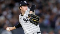 New York Yankees pitcher Cam Schlittler (31) pitches during the fifth inning against the Toronto Blue Jays during game four of the ALDS round for the 2025 MLB playoffs at Yankee Stadium.