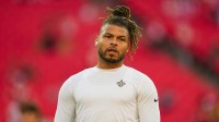 New Orleans Saints safety Tyrann Mathieu (32) warms up prior to a game against the Kansas City Chiefs at GEHA Field at Arrowhead Stadium. Mandatory Credit: Jay Biggerstaff-Imagn Images