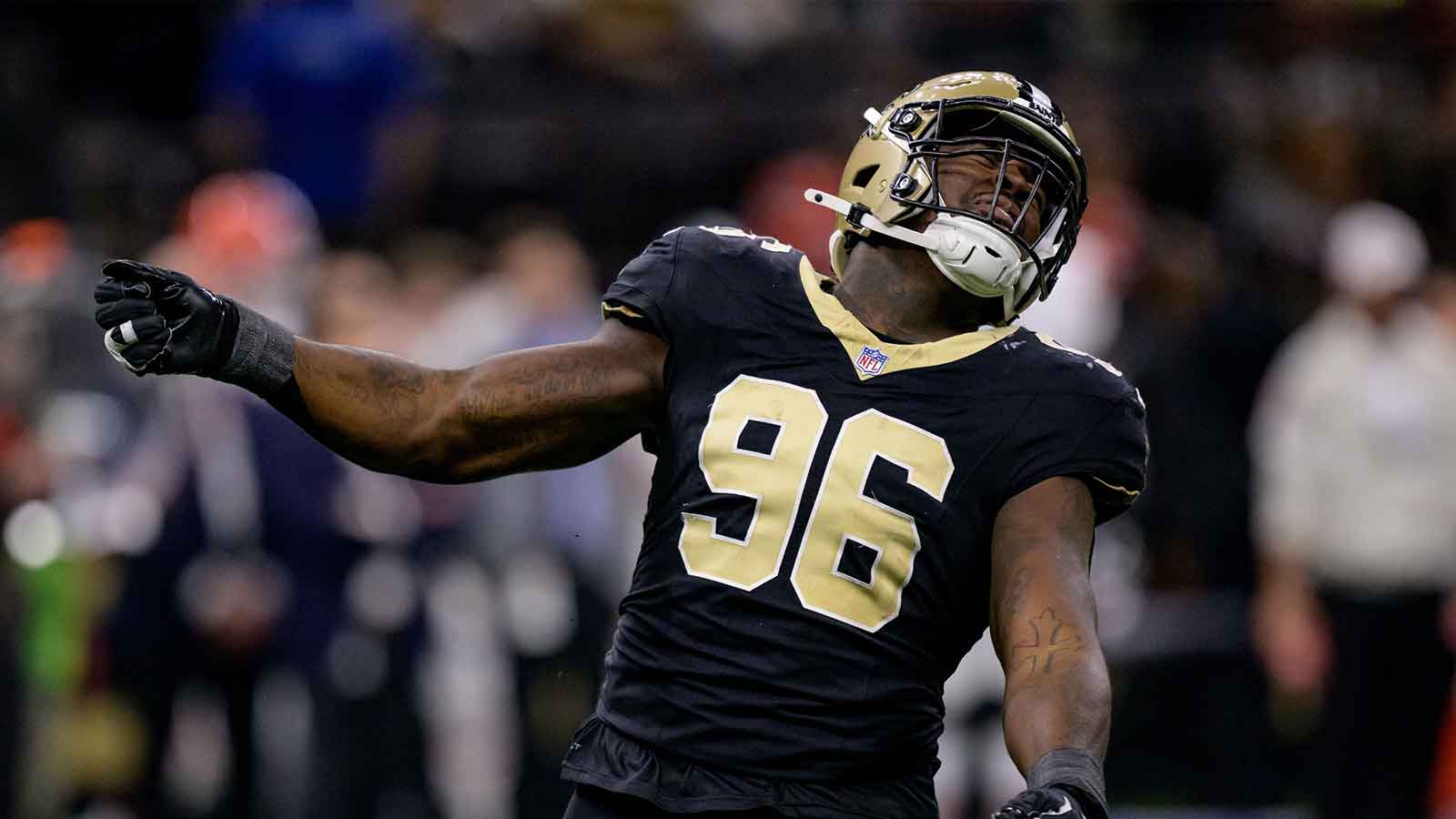 New Orleans Saints defensive end Carl Granderson (96) celebrates a tackle for a loss against the Cleveland Browns during the first half at Caesars Superdome.