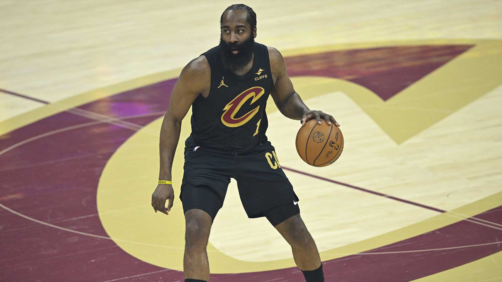Cleveland Cavaliers guard James Harden (1) brings the ball up court in the first quarter against the Washington Wizards at Rocket Arena.
