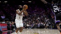 Cleveland Cavaliers guard James Harden (1) shoots the ball over Sacramento Kings guard-forward Daeqwon Plowden (29) during the third quarter at Golden 1 Center.