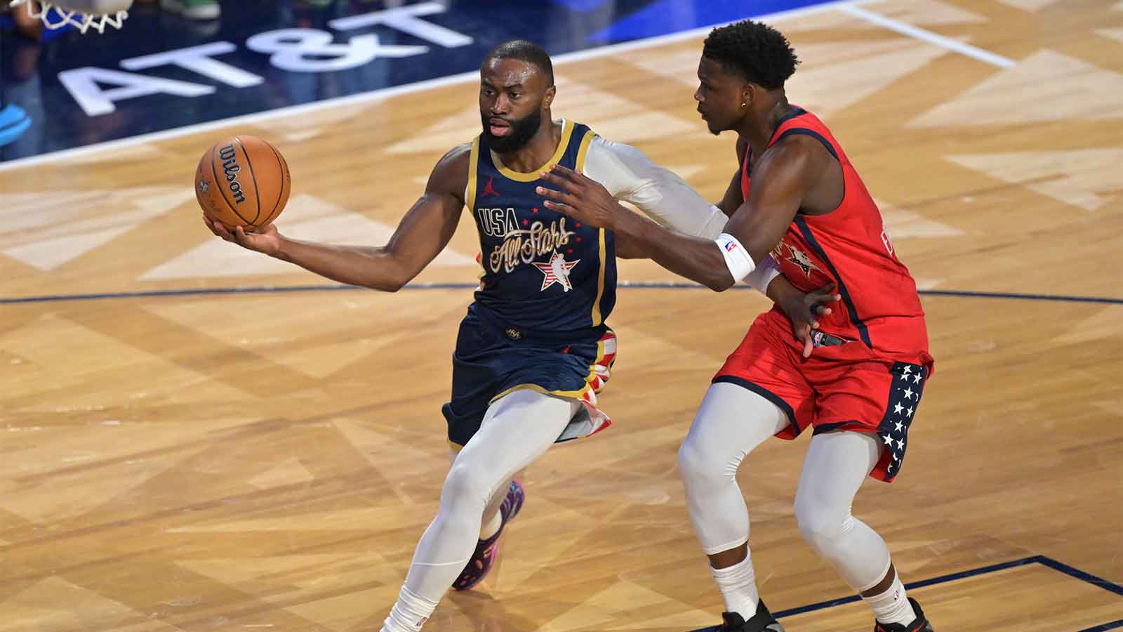 Jaylen Brown (7) of the Boston Celtics controls the ball against Team USA Stars guard Anthony Edwards (5) of the Minnesota Timberwolves in game two during the 75th NBA All Star Game at Intuit Dome
