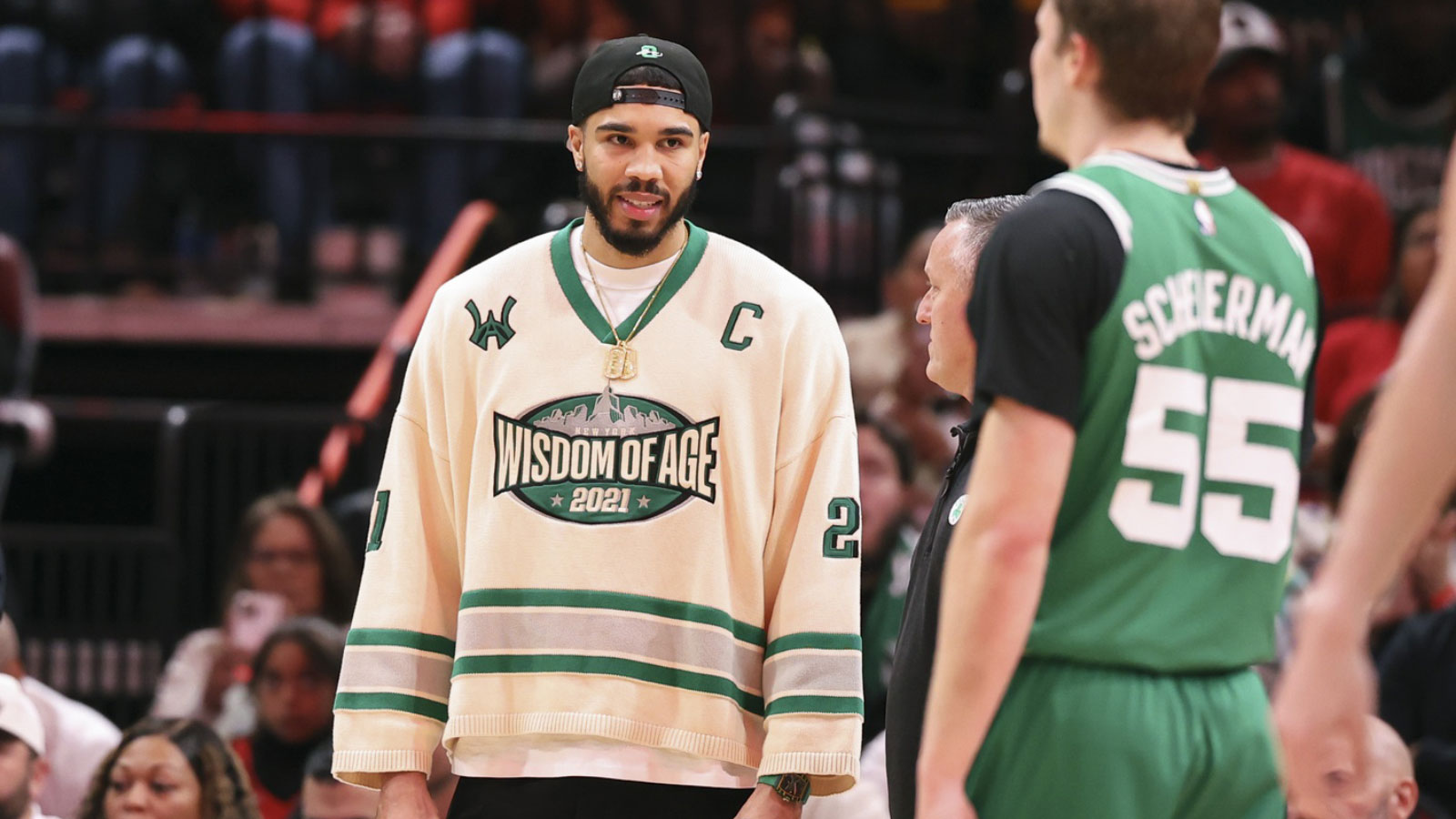 Celtics forward Jayson Tatum stands on the court during the game against the Houston Rockets at Toyota Center