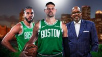 Celtics' Nikola Vucevic next to Celtics legend Cedric Maxwell with Celtics All-Star Jayson Tatum & the Boston skyline in the background
