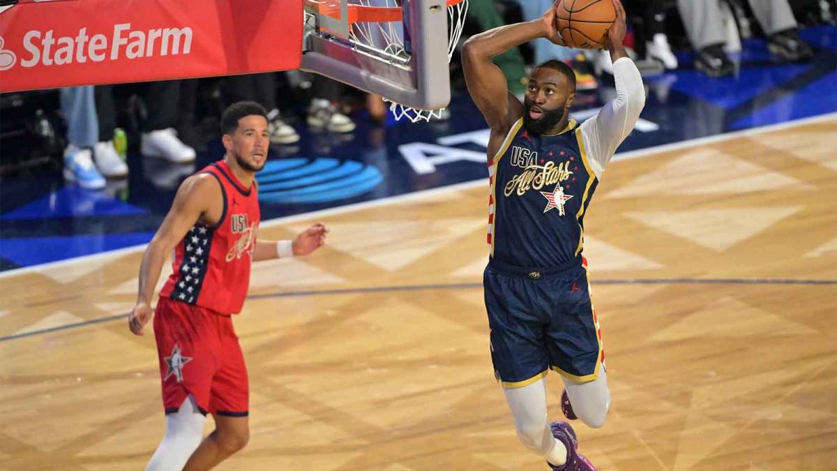 Celtics' Jaylen Brown (7) of the Boston Celtics shoots against Team USA Stars in game two during the 75th NBA All Star Game at Intuit Dome with Beverly Hills police department in the background