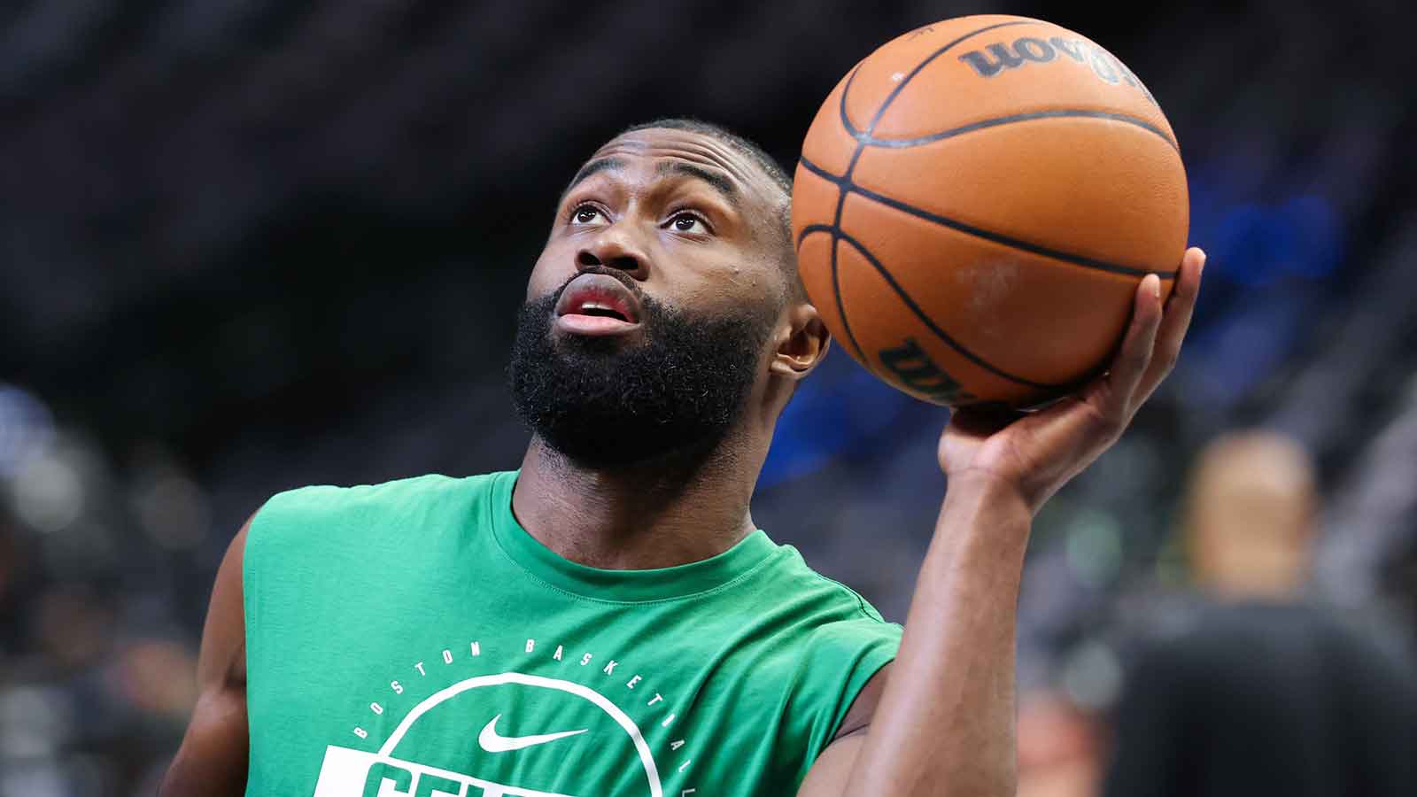 Celtics guard Jaylen Brown (7) warms up before the game against the Dallas Mavericks at American Airlines Center