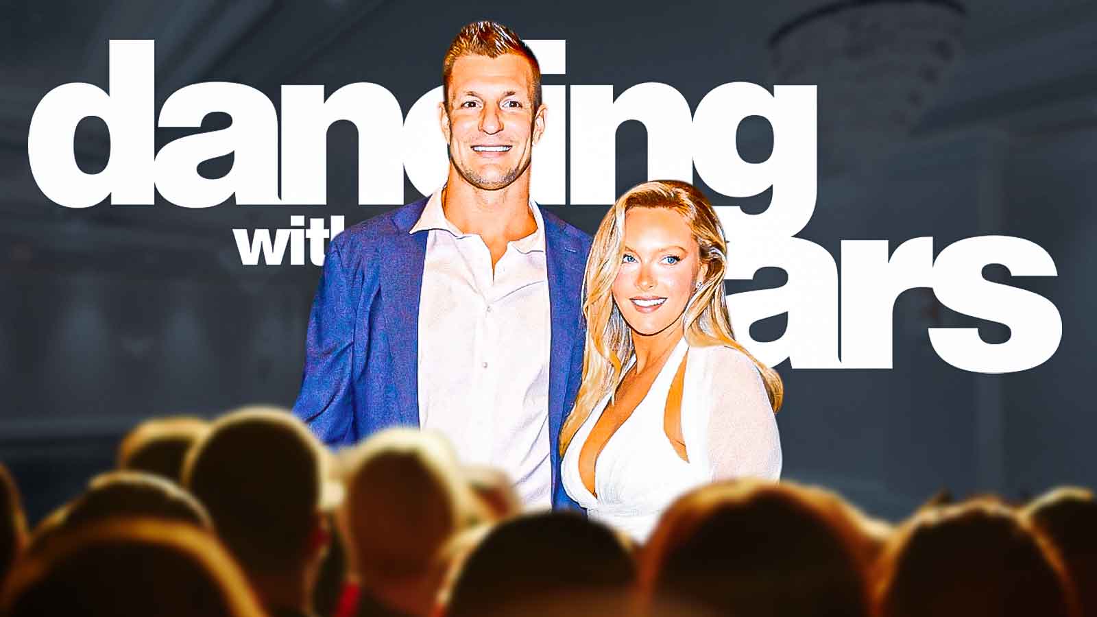 Rob Gronkowski and his girlfriend, Camille Kostek, with Dancing with the Stars logo.