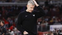 Feb 26, 2026; Chicago, Illinois, USA; Chicago Bulls head coach Billy Donovan reacts during the first half of an NBA game against the Portland Trail Blazers at United Center. Mandatory Credit: Kamil Krzaczynski-Imagn Images