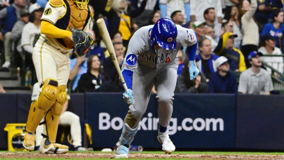 Chicago Cubs center fielder Pete Crow-Armstrong (4) reacts after flying out against the Milwaukee Brewers in the seventh inning during game five of the NLDS round for the 2025 MLB playoffs at American Family Field.