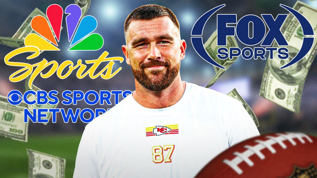 Kansas City Chiefs tight end Travis Kelce with money around him and various broadcasting companies NBC Sports, CBS Sports, and FOX Sports logos, who may court him after retirement.