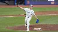 Toronto Blue Jays pitcher Chris Bassitt (40) throws to second for an out against the Los Angeles Dodgers in the sixth inning during game seven of the 2025 MLB World Series at Rogers Centre
