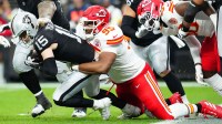 Kansas City Chiefs defensive tackle Chris Jones (95) sacks Las Vegas Raiders quarterback Kenny Pickett (15) during the first quarter at Allegiant Stadium.