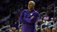 Kansas State Wildcats head coach Jerome Tang looks on during the first half against the Cincinnati Bearcats at Bramlage Coliseum.