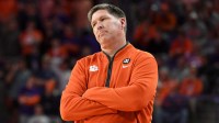 Clemson Tigers head coach Brad Brownell reacts after the Virginia Tech Hokies score Wednesday, Feb. 11, 2026, during the NCAA men’s basketball game at Littlejohn Coliseum in Clemson, South Carolina. Virginia Tech Hokies 76-66.