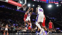 Philadelphia 76ers forward Dominick Barlow (25) moves to the basket against Los Angeles Clippers center Brook Lopez (11) during the second half at Intuit Dome.