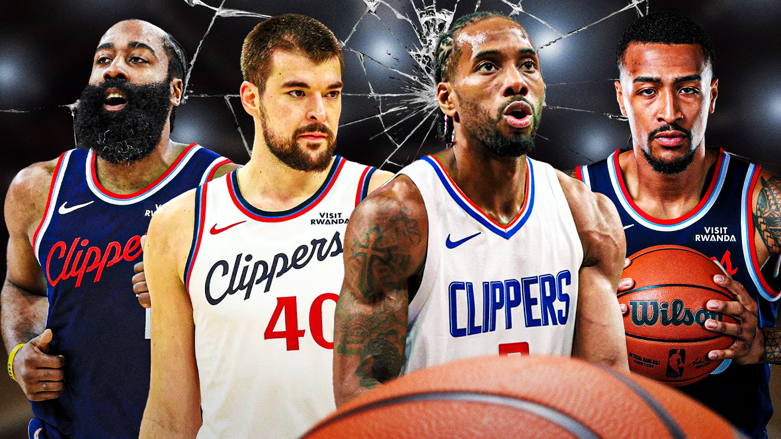 Ivica Zubac in a Los Angeles Clippers jersey, Kawhi Leonard and John Collins around him, Broken glass in the background