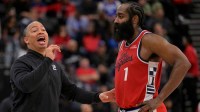 Clippers head coach Tyronn Lue and guard James Harden